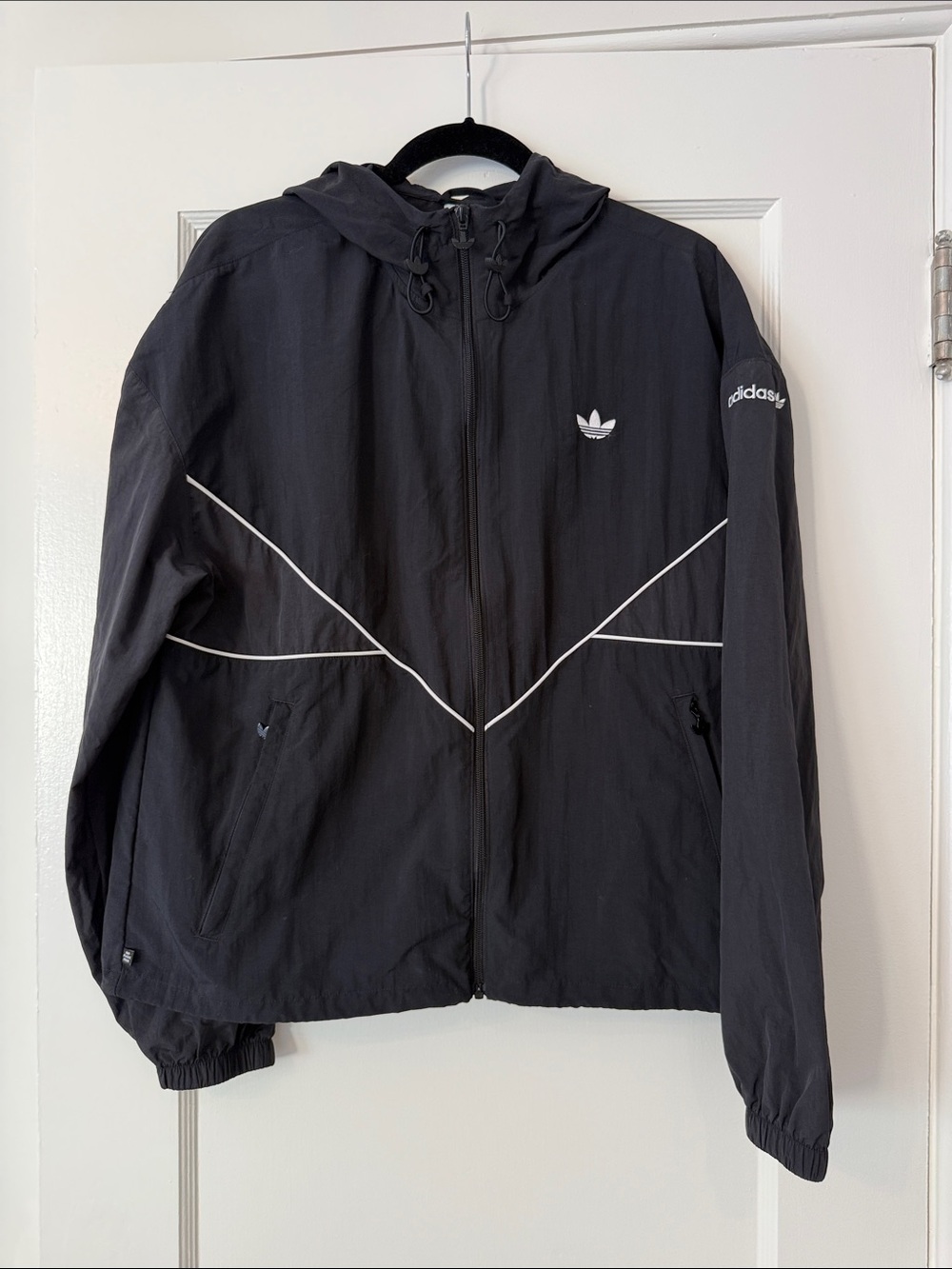 adidas Women’s Black Hooded Windbreaker with White Trim and Zipper detail